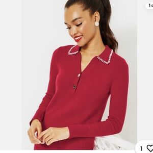 Lilly Pulitzer Poinsettia Red V-Neck Sweater With Pearls